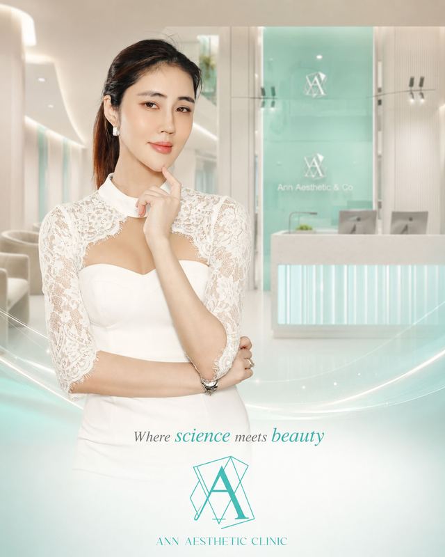 Ann Aesthetic Clinic poster: a clinician in white lace at the clinic reception, tagline Where science meets beauty