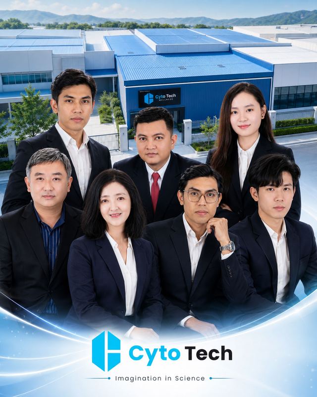 Cyto Tech poster: seven-person team in front of the Cyto Tech manufacturing plant, tagline Imagination in Science