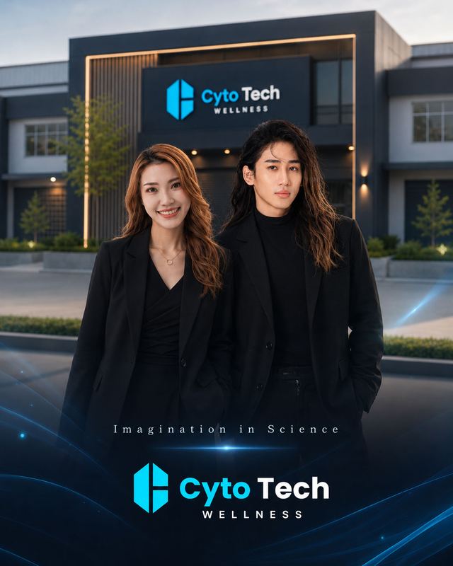 Cyto Tech Wellness poster: two team members outside the Cyto Tech Wellness building