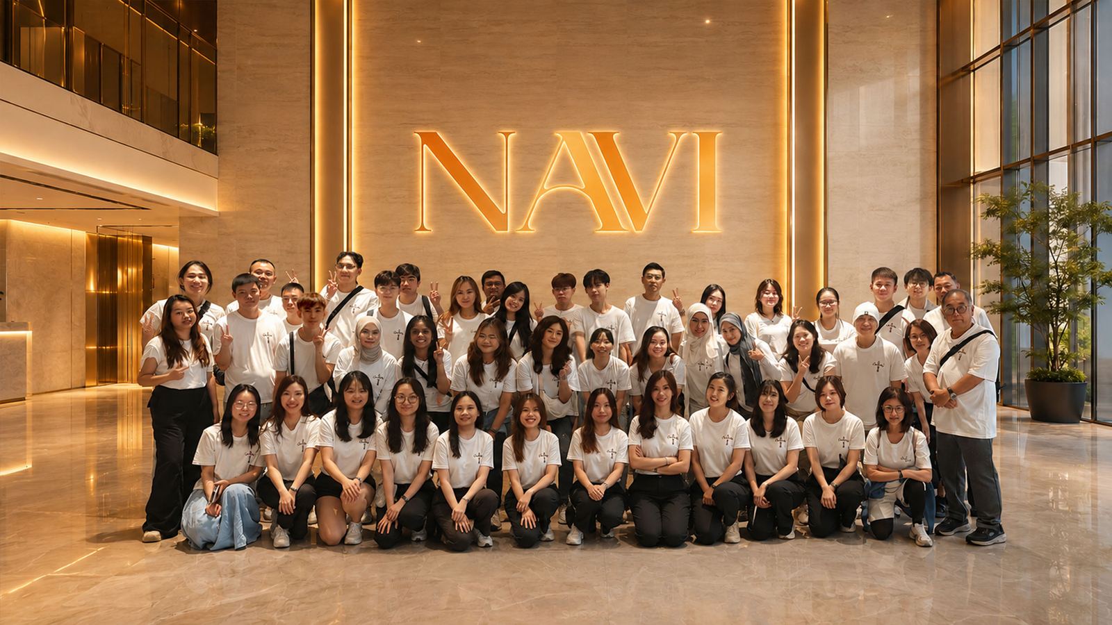 NaVi Consultancy team photographed in the Kuala Lumpur office lobby under the NaVi sign