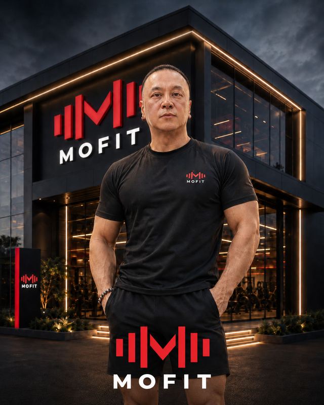 MOFIT poster: a trainer in a black MOFIT T-shirt outside the MOFIT gym at dusk