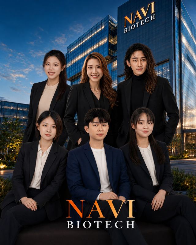 NaVi BioTech poster: six-person team in dark suits outside the NaVi BioTech building