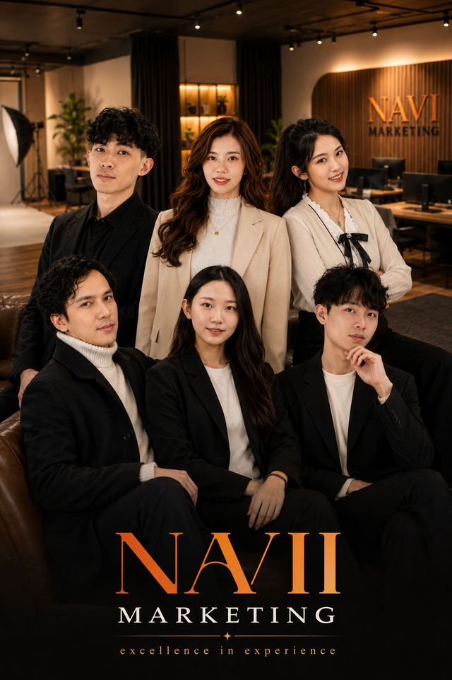 NaVi Marketing poster: six-person team seated in the NaVi Marketing studio, tagline Excellence in experience
