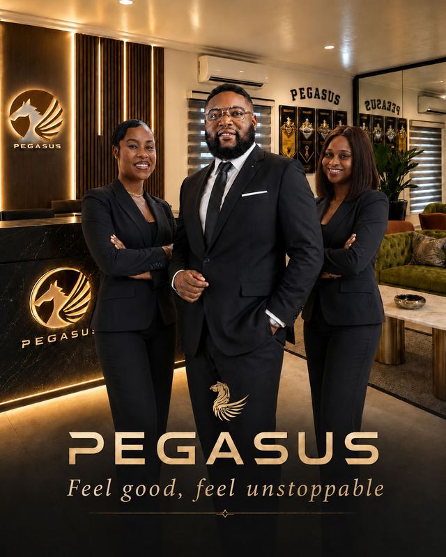 Pegasus poster: three team members in suits in the Pegasus showroom, tagline Feel good, feel unstoppable