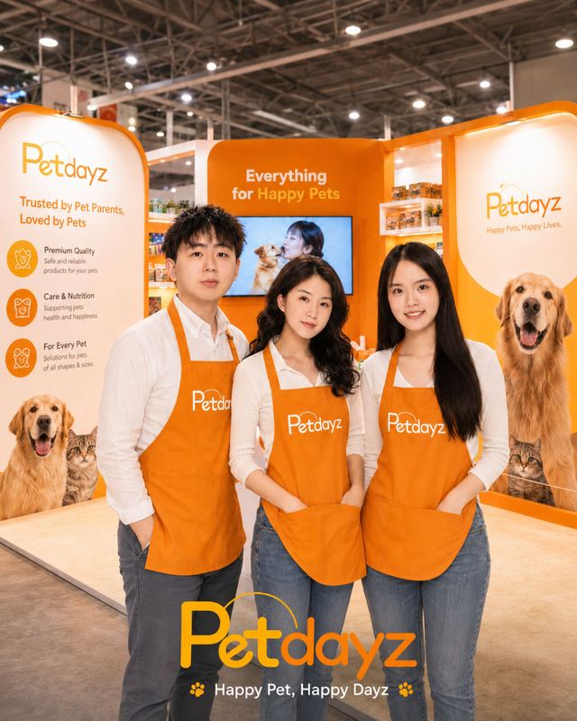 PetDayz poster: three staff in orange aprons at a PetDayz exhibition booth, tagline Happy Pet, Happy Dayz