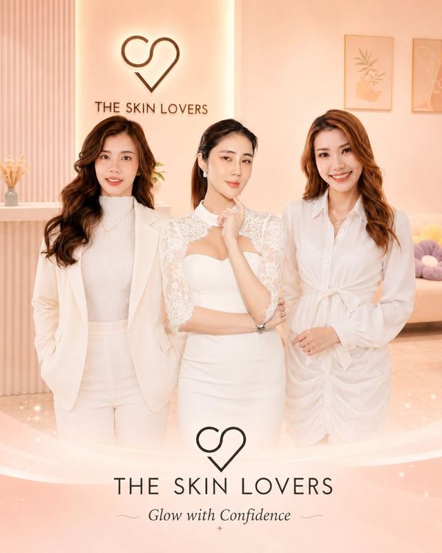 The Skin Lovers poster: three women in white in a pastel studio, tagline Glow with Confidence
