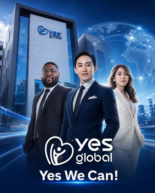 Yes Global poster: three executives in suits in front of the Yes Global headquarters, tagline Yes We Can